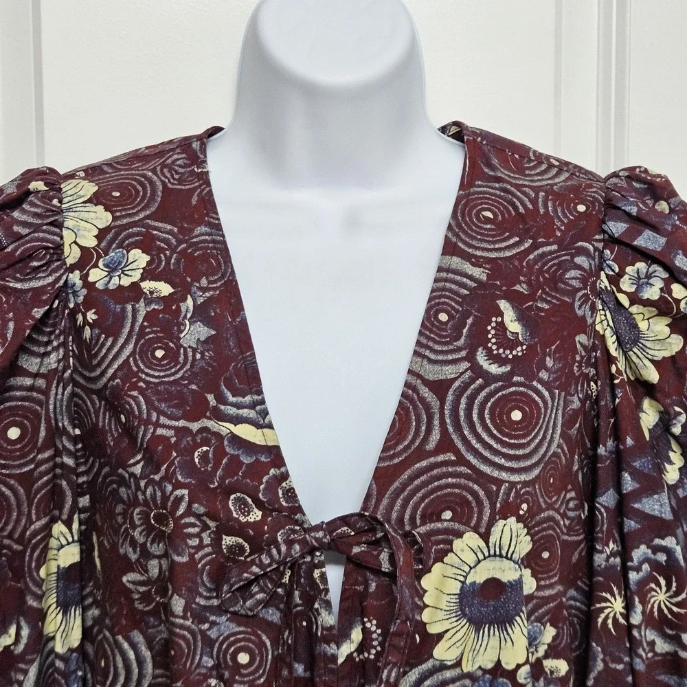 Ulla Johnson Floral Tie Front Blouse Puff Sleeve Bohemian Top Size 4